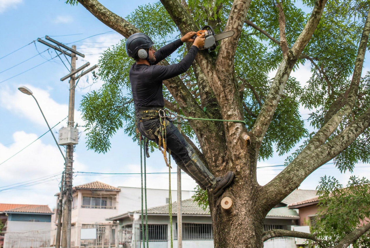 Profissional aparando galhos de árvore no jardim em Cajamar