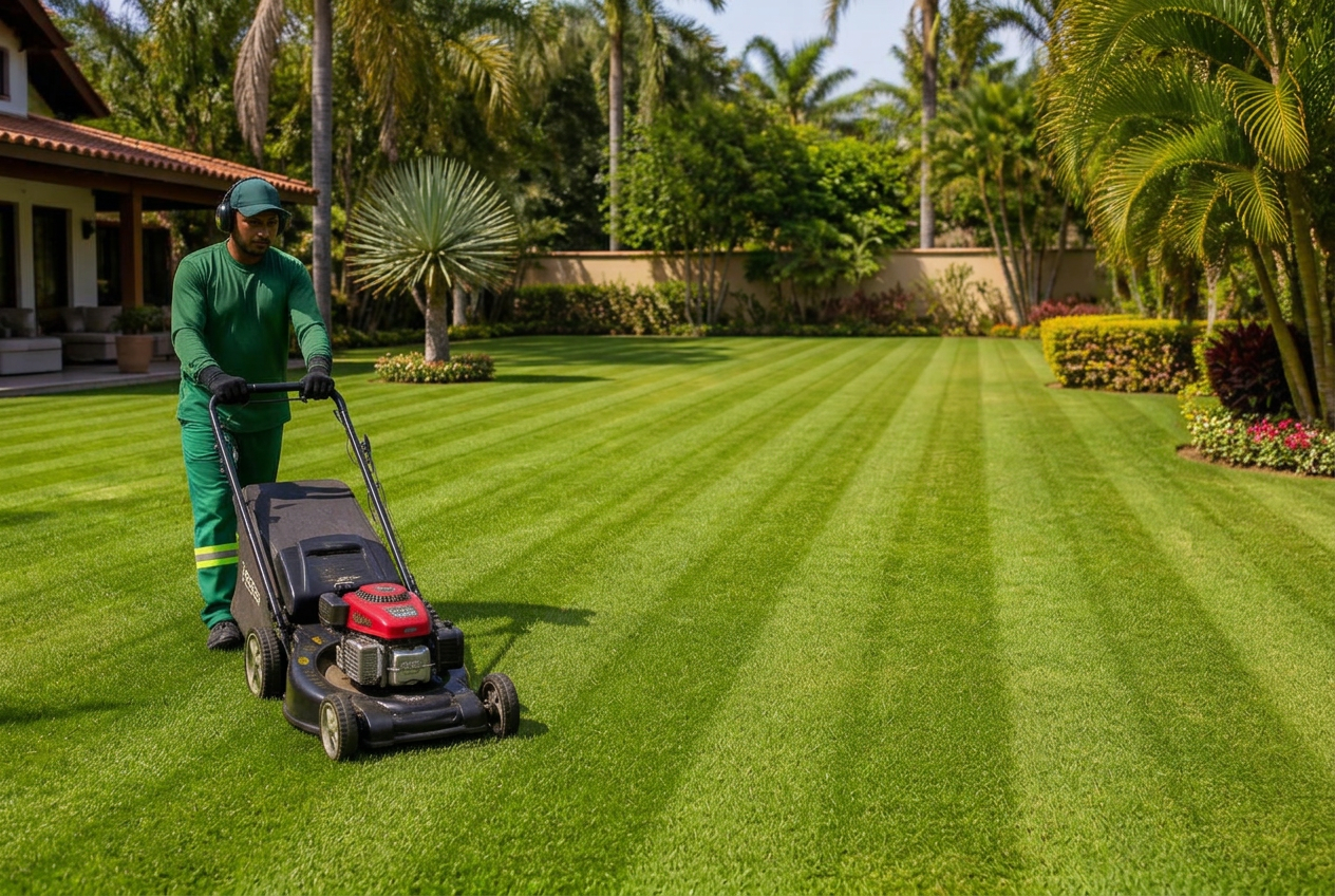 Corte de grama com cortador profissional em gramado residencial no Brooklin